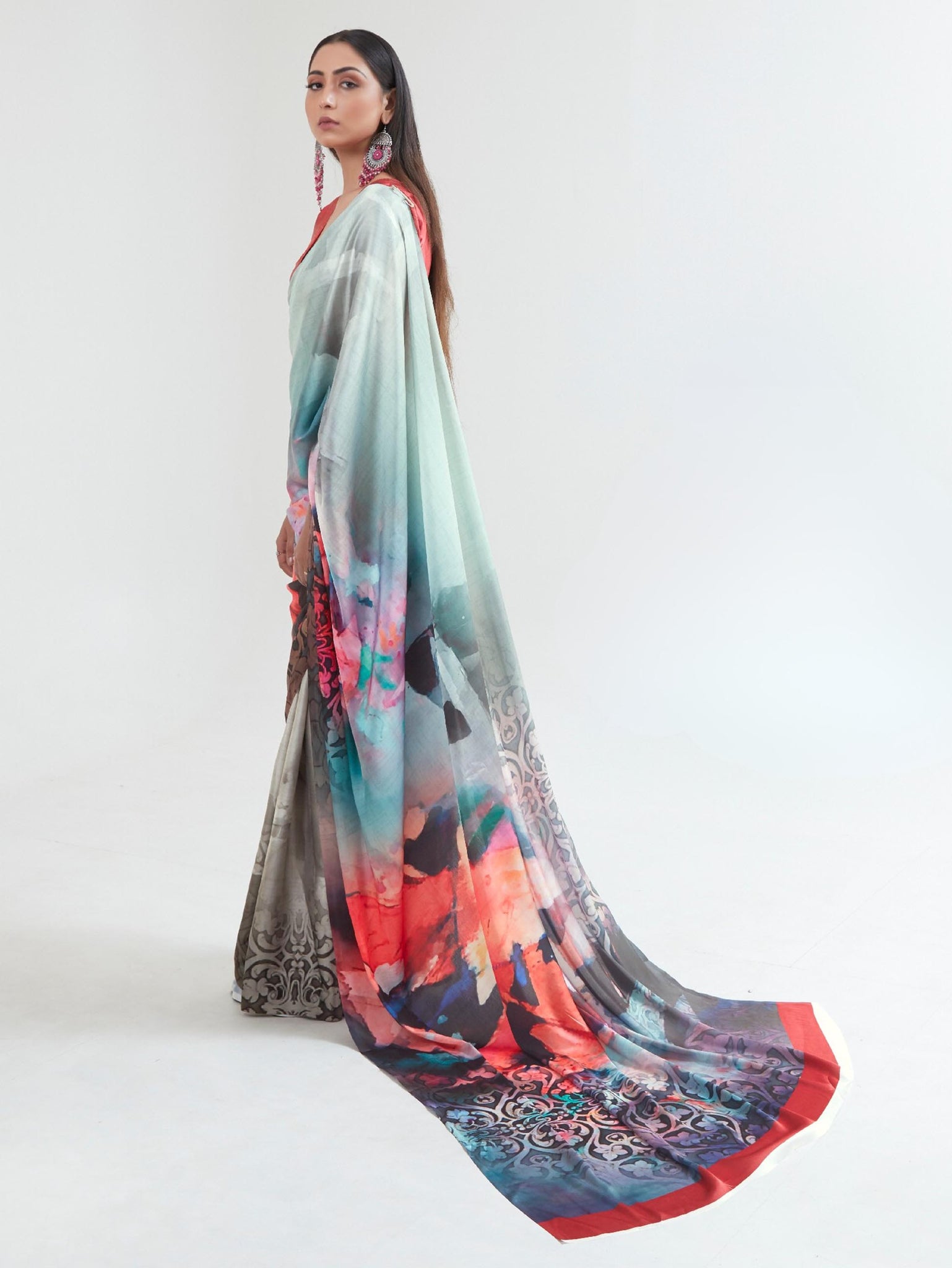 Printed Satin Saree - Greenish Grey