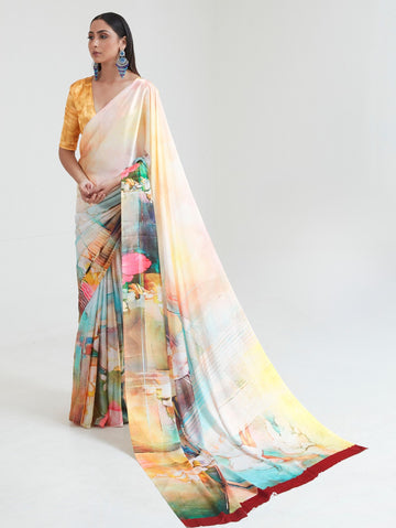Printed Satin Saree - Yellow