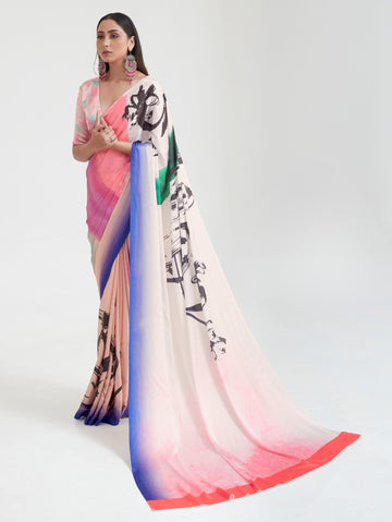 Printed Satin Saree - Pink