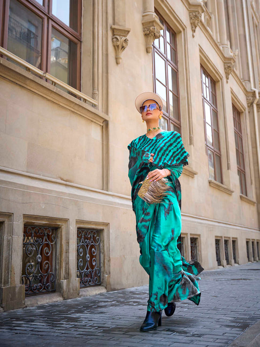 Printed Satin‑Crepe Saree - Emerald Green Tie-Dye Effect