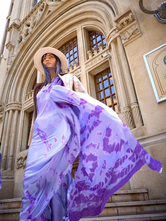 Printed Satin‑Crepe Saree - Soft Lavender Watercolor Print