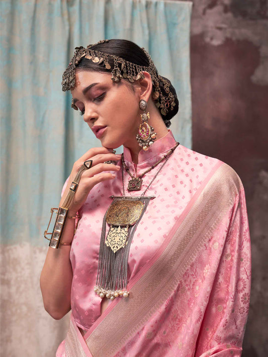 Woven Banarasi Satin Silk Saree - Candy Pink