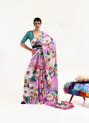 Luxe Satin Printed Saree - White and Pink