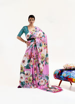 Luxe Satin Printed Saree - White and Pink