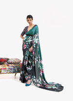Luxe Satin Printed Saree - Dark Green