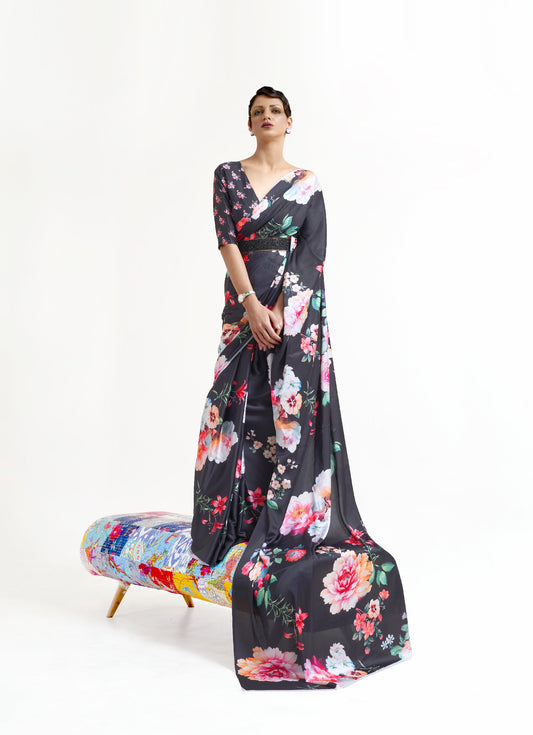 Luxe Satin Printed Saree - Black