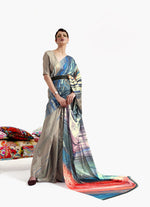Luxe Satin Printed Saree - Beige and Blue