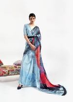 Luxe Satin Printed Saree - Sky Blue and Red