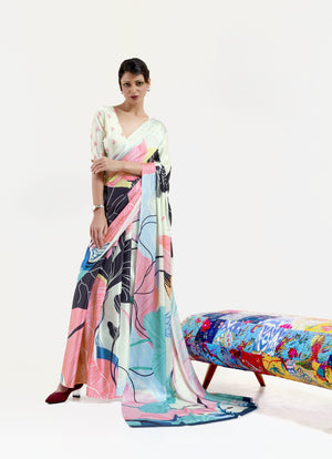 Luxe Satin Printed Saree - Cream and Peach
