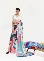 Luxe Satin Printed Saree - Cream and Peach