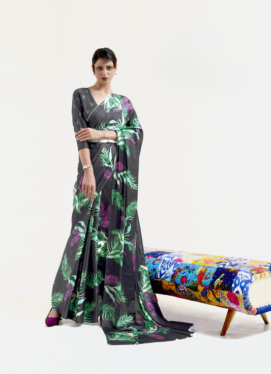 Luxe Satin Printed Saree - Charcoal and Green