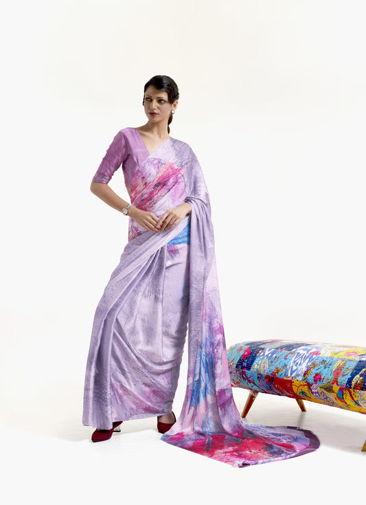 Luxe Satin Printed Saree - Lavender and Pink