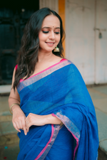 Pure Linen Handwoven Saree - Blue