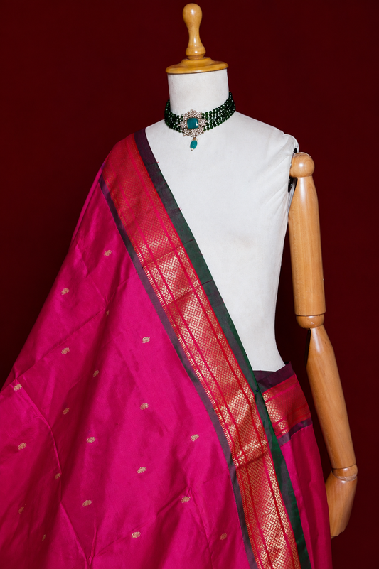 Pure Silk Yeola Single Pallu Paithani Saree in Fuchsia Pink with Silk Mark
