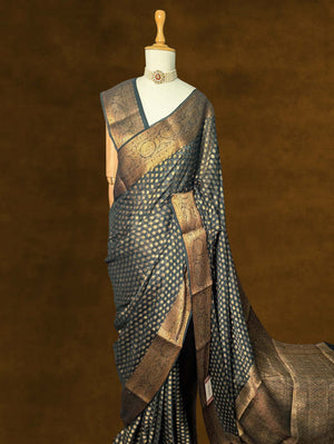 Dark Green Pure Khaddi Georgette Banarasi Silk Saree