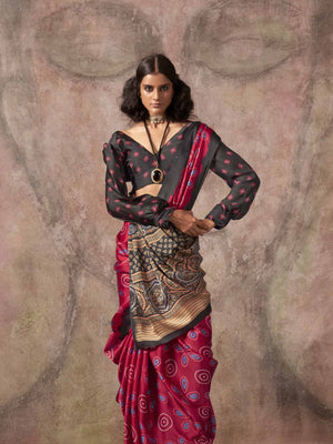 Ajrakh Printed Satin Saree - Black Rani