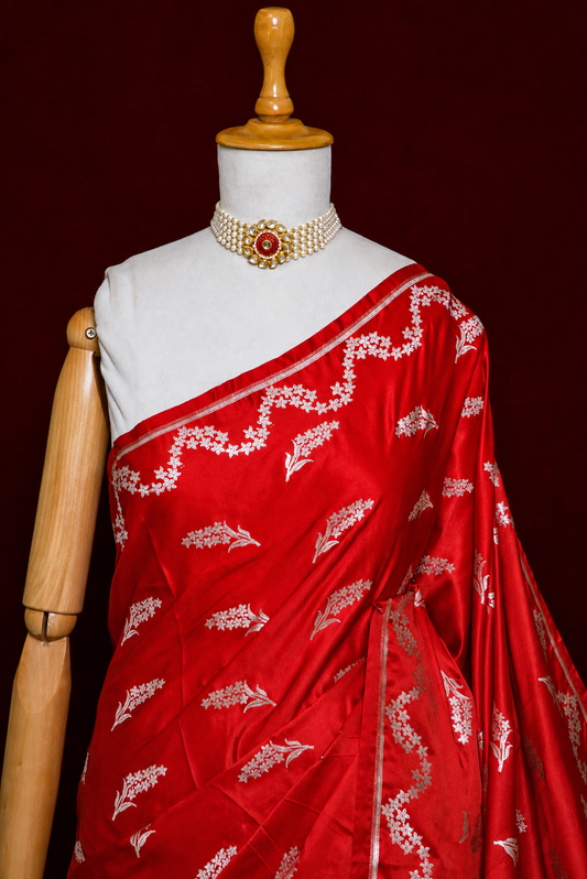 Crimson Red Pure Mashru Katan Silk Banarasi Saree with Silver Zari