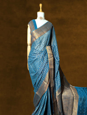 Peacock Blue Pure Khaddi Georgette Banarasi Silk Saree