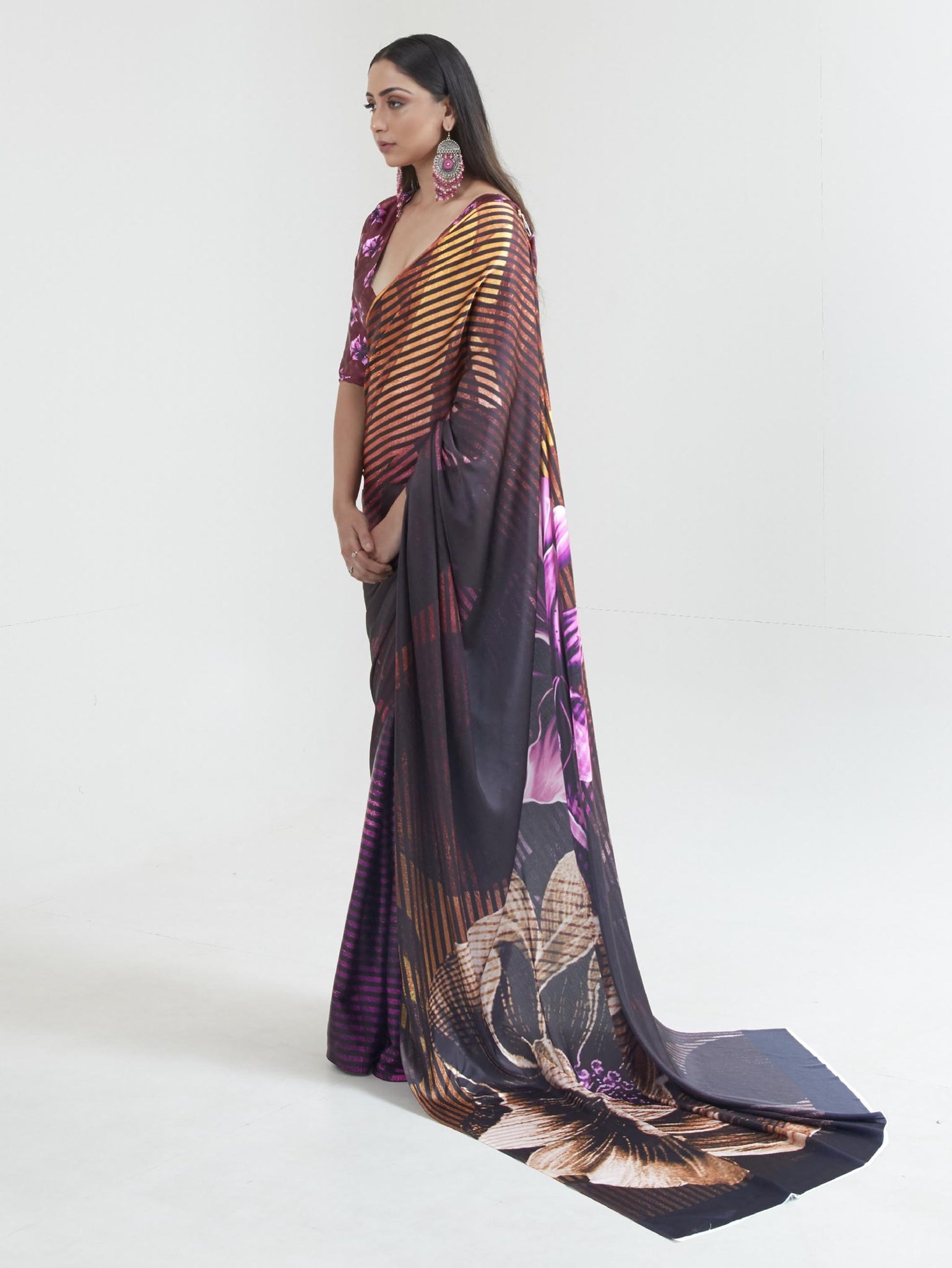 Printed Satin Saree - Dark Purple