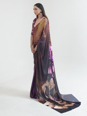 Printed Satin Saree - Dark Purple