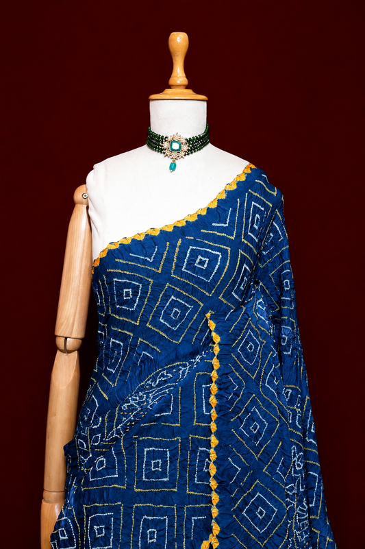 Hand Bandhej Indigo Blue Pure Gajji Silk Saree with Yellow Pom-Pom Border