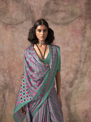 Ajrakh Printed Satin Saree - Blue Green