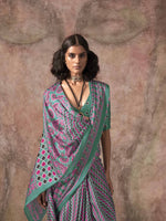 Ajrakh Printed Satin Saree - Blue Green