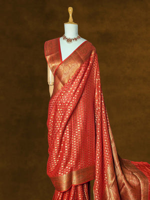 Tomato Red Pure Khaddi Georgette Banarasi Silk Saree