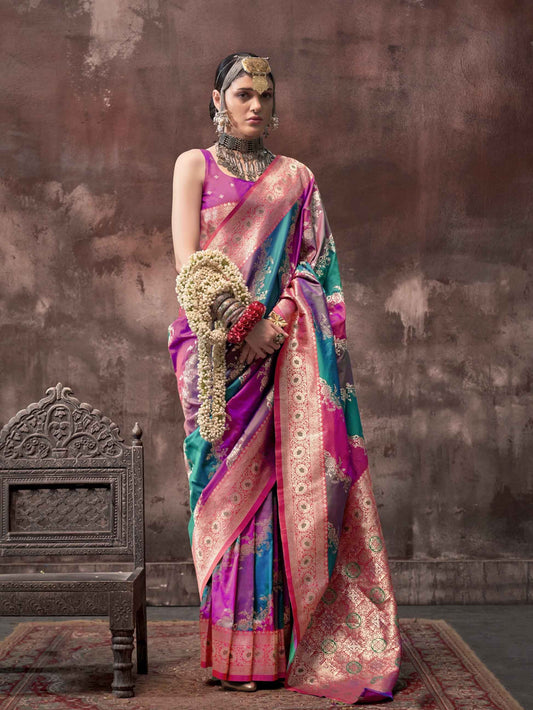 Ethnic Zari Silk Blend Banarasi Saree - Magenta