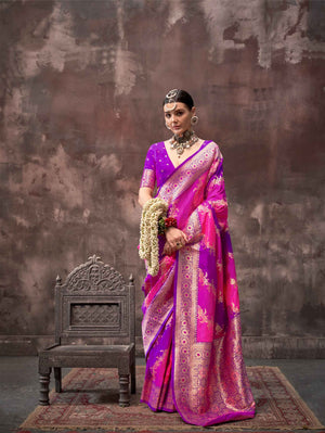 Ethnic Zari Silk Blend Banarasi Saree - Rani