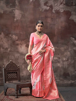 Ethnic Zari Silk Blend Banarasi Saree - Peach