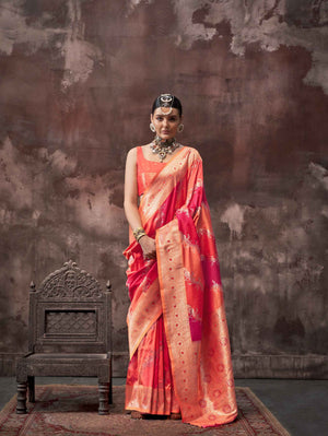 Ethnic Zari Silk Blend Banarasi Saree - Orange