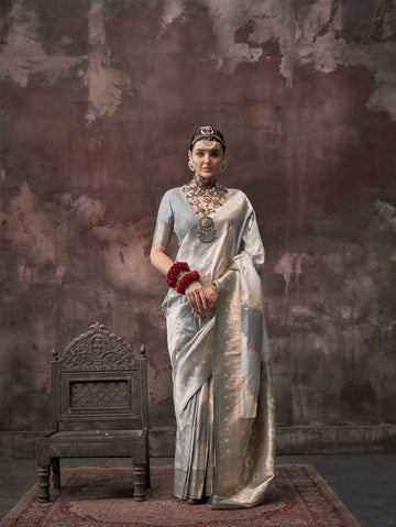 Ethnic Zari Silk Blend Banarasi Saree - Grey