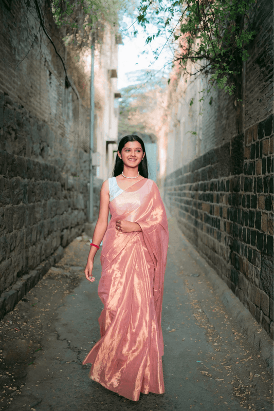 Metallic Tissue Saree - Rose Gold - - Laxha Clothing - www.laxhaclothing.com