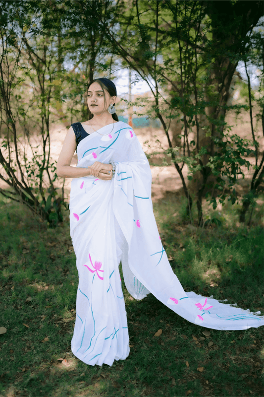 Hand Painted Pure Cotton Floral Saree - White - - Laxha Clothing - www.laxhaclothing.com
