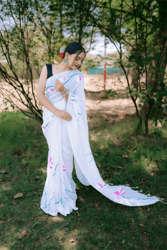 Hand Painted Pure Cotton Floral Saree - White - - Laxha Clothing - www.laxhaclothing.com