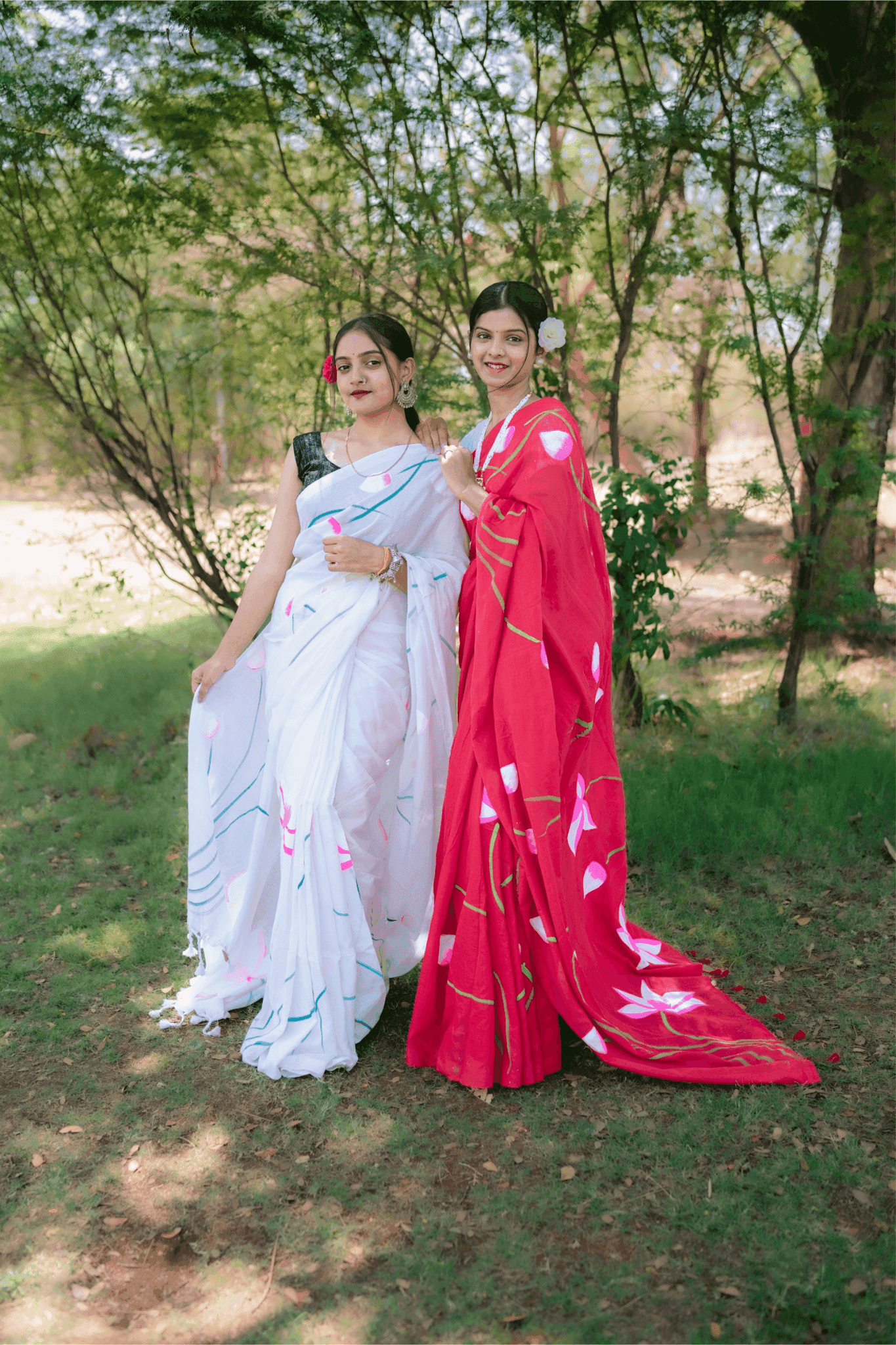 Hand Painted Pure Cotton Floral Saree - Red - - Laxha Clothing - www.laxhaclothing.com