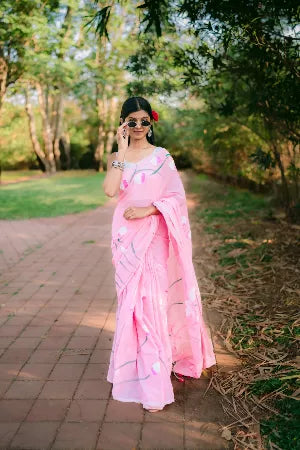 Hand Painted Pure Cotton Floral Saree - Light Pink