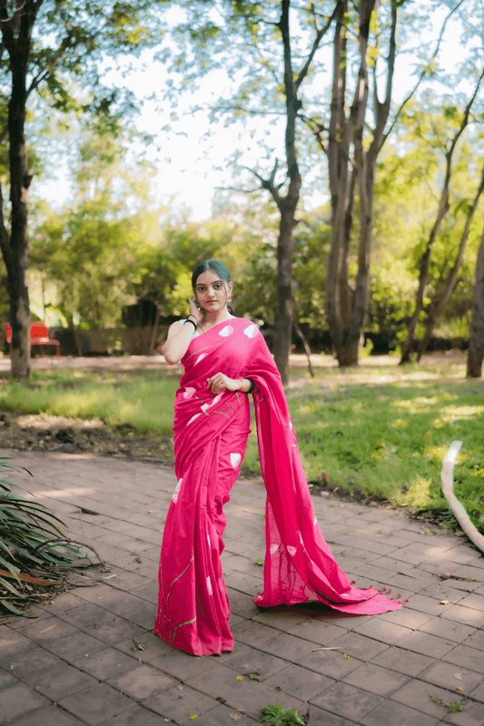 Hand Painted Pure Cotton Floral Saree - Pink - - Laxha Clothing - www.laxhaclothing.com