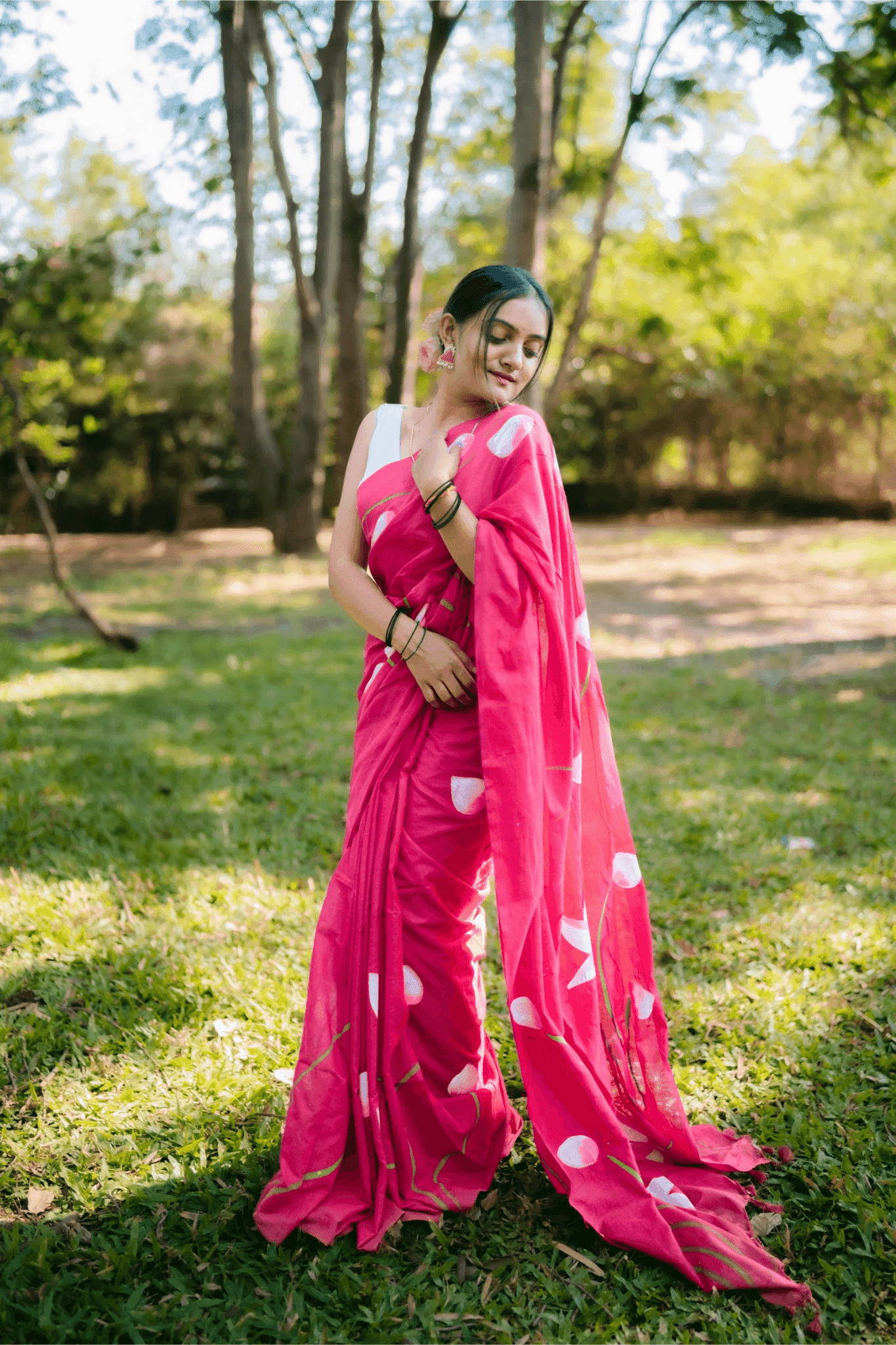 Hand Painted Pure Cotton Floral Saree - Pink - - Laxha Clothing - www.laxhaclothing.com