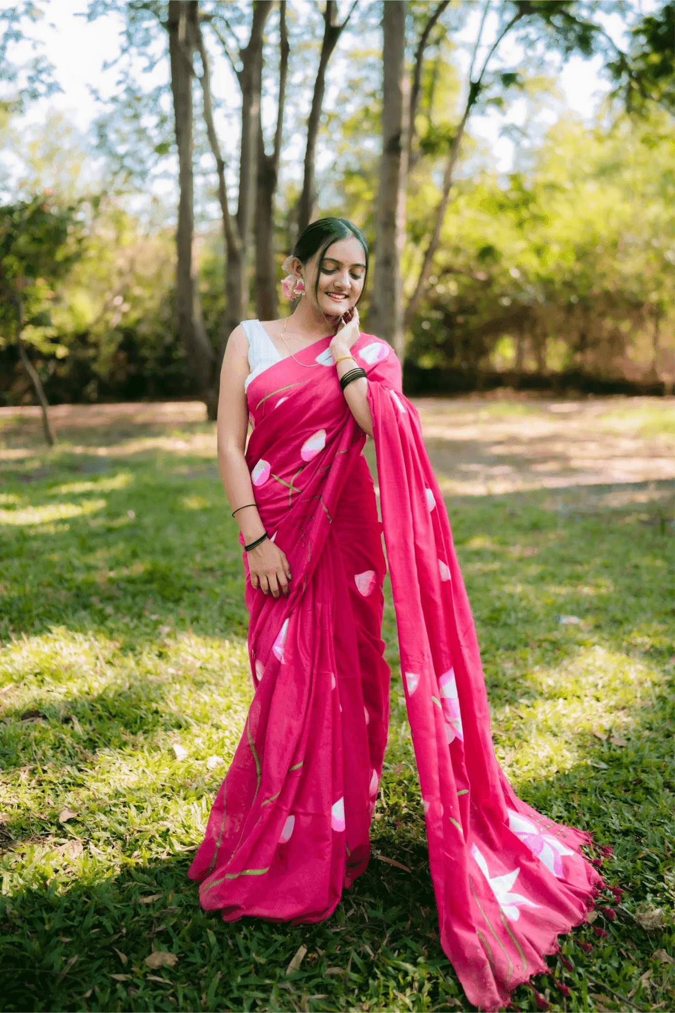 Hand Painted Pure Cotton Floral Saree - Pink - - Laxha Clothing - www.laxhaclothing.com