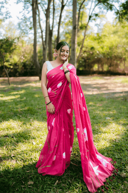 Hand Painted Pure Cotton Floral Saree - Pink - - Laxha Clothing - www.laxhaclothing.com