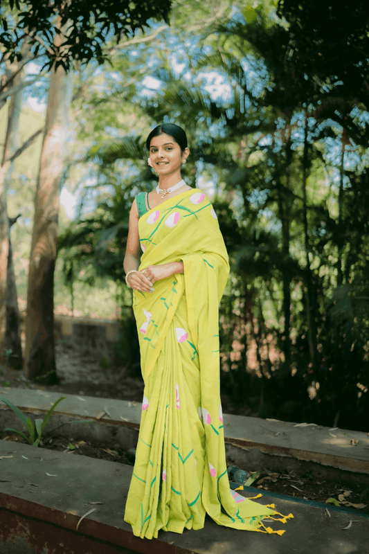Hand Painted Pure Cotton Floral Saree - Lemon Yellow - - Laxha Clothing - www.laxhaclothing.com