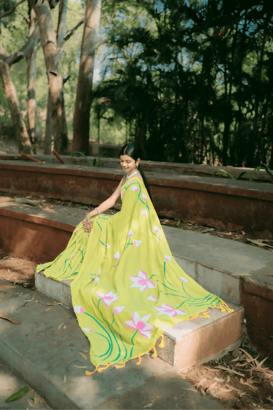 Hand Painted Pure Cotton Floral Saree - Lemon Yellow - - Laxha Clothing - www.laxhaclothing.com