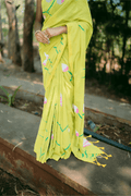 Hand Painted Pure Cotton Floral Saree - Lemon Yellow - - Laxha Clothing - www.laxhaclothing.com
