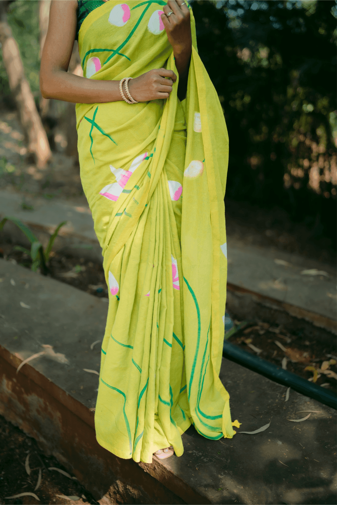 Hand Painted Pure Cotton Floral Saree - Lemon Yellow - - Laxha Clothing - www.laxhaclothing.com