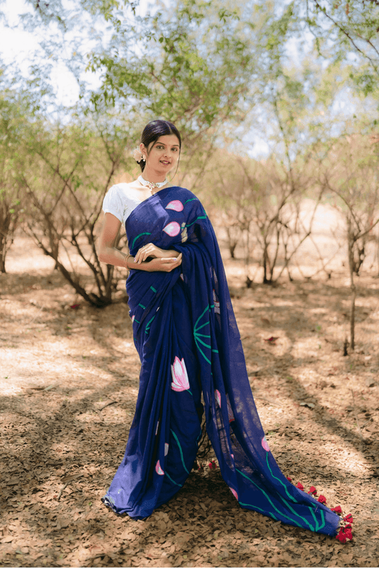Hand Painted Pure Cotton Floral Saree - Navy Blue - - Laxha Clothing - www.laxhaclothing.com