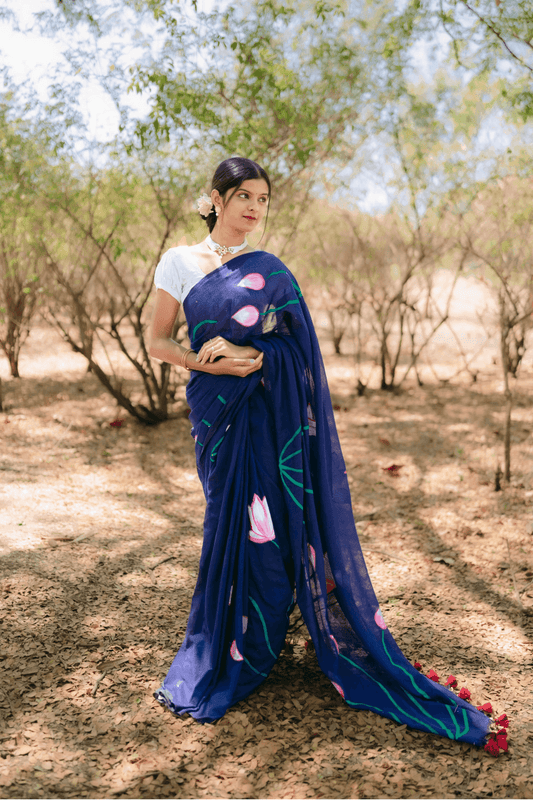 Hand Painted Pure Cotton Floral Saree - Navy Blue - - Laxha Clothing - www.laxhaclothing.com