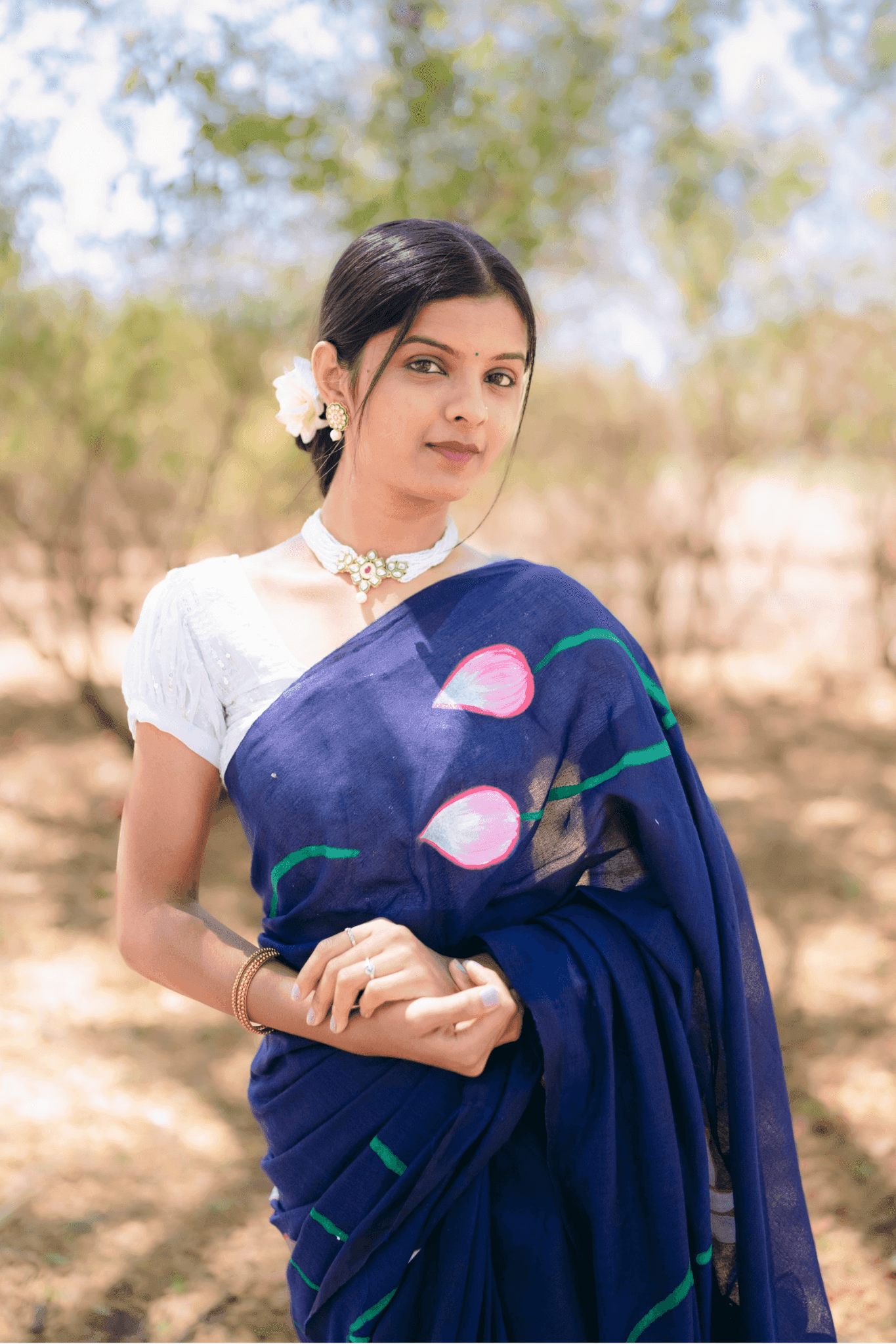 Hand Painted Pure Cotton Floral Saree - Navy Blue - - Laxha Clothing - www.laxhaclothing.com