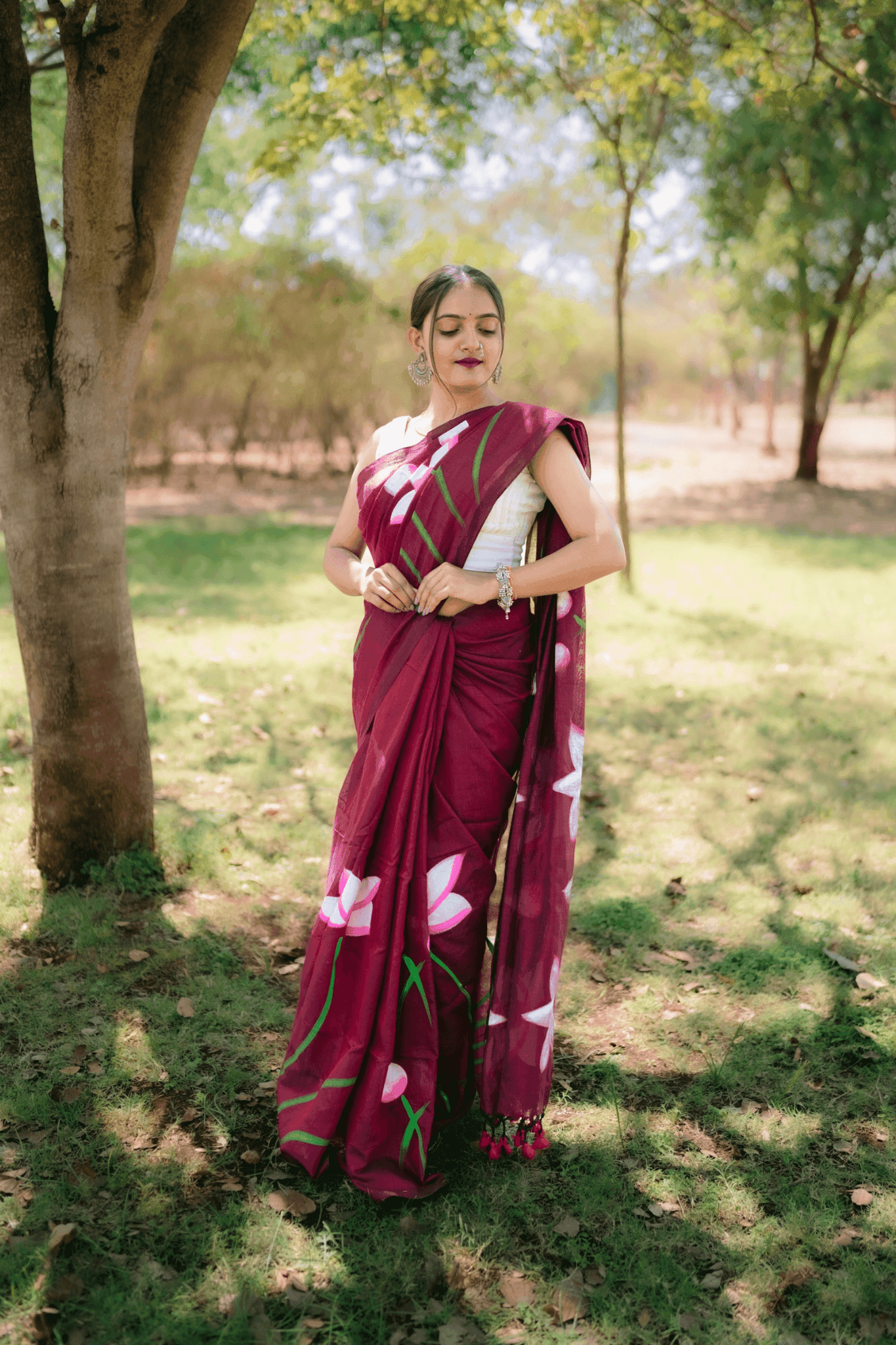 Hand Painted Pure Cotton Floral Saree - Maroon - - Laxha Clothing - www.laxhaclothing.com